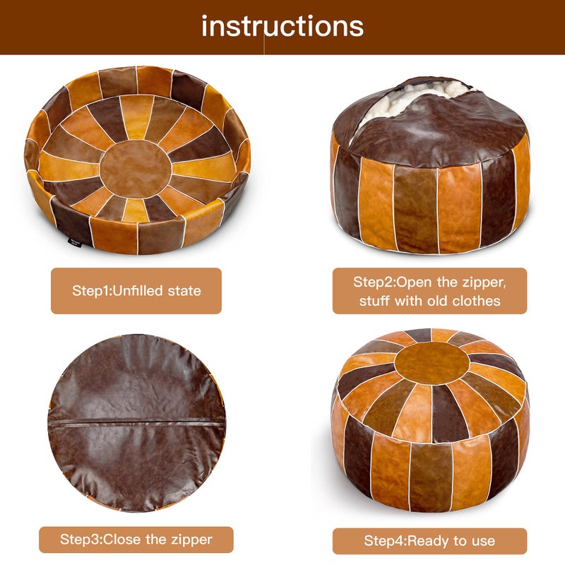 Bohepuffex Handmade Moroccan Pouf Foot stool Round & Large Storage Cover Bohemian style ottoman an Exotic Décor for Living Room Bedroom or Wedding Gifts Faux Leather Unstuffed Only Cover (color block) - Image 3