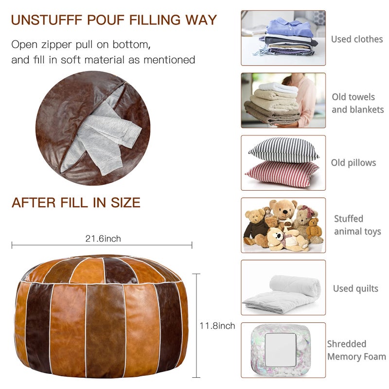 Bohepuffex Handmade Moroccan Pouf Foot stool Round & Large Storage Cover Bohemian style ottoman an Exotic Décor for Living Room Bedroom or Wedding Gifts Faux Leather Unstuffed Only Cover (color block) - Image 2