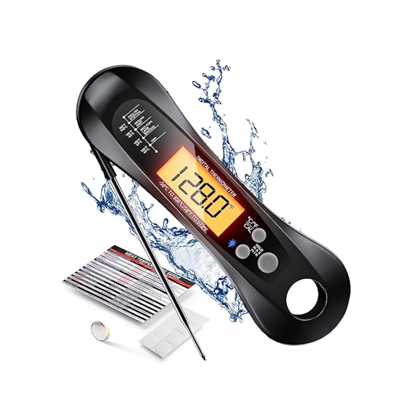 Meat Thermometer, Digital Instant Read Food Thermometer, with Foldable Probe, for Grilling and Cooking, Waterproof Ultra-Fast Instant Read, LED Display, for Monitoring of BBQ Grill, Oven, Cooking