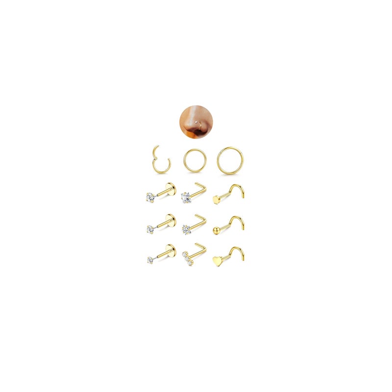 JeryWe Nose Rings for Women - 14K Gold Filled Hypoallergenic Surgical Steel Nose Rings Hoops Lip Septum Clicker Ring CZ Screw L Shaped Stud Threadless Flat Back Stud Nostril Piercing Jewelry Heart - Image 1
