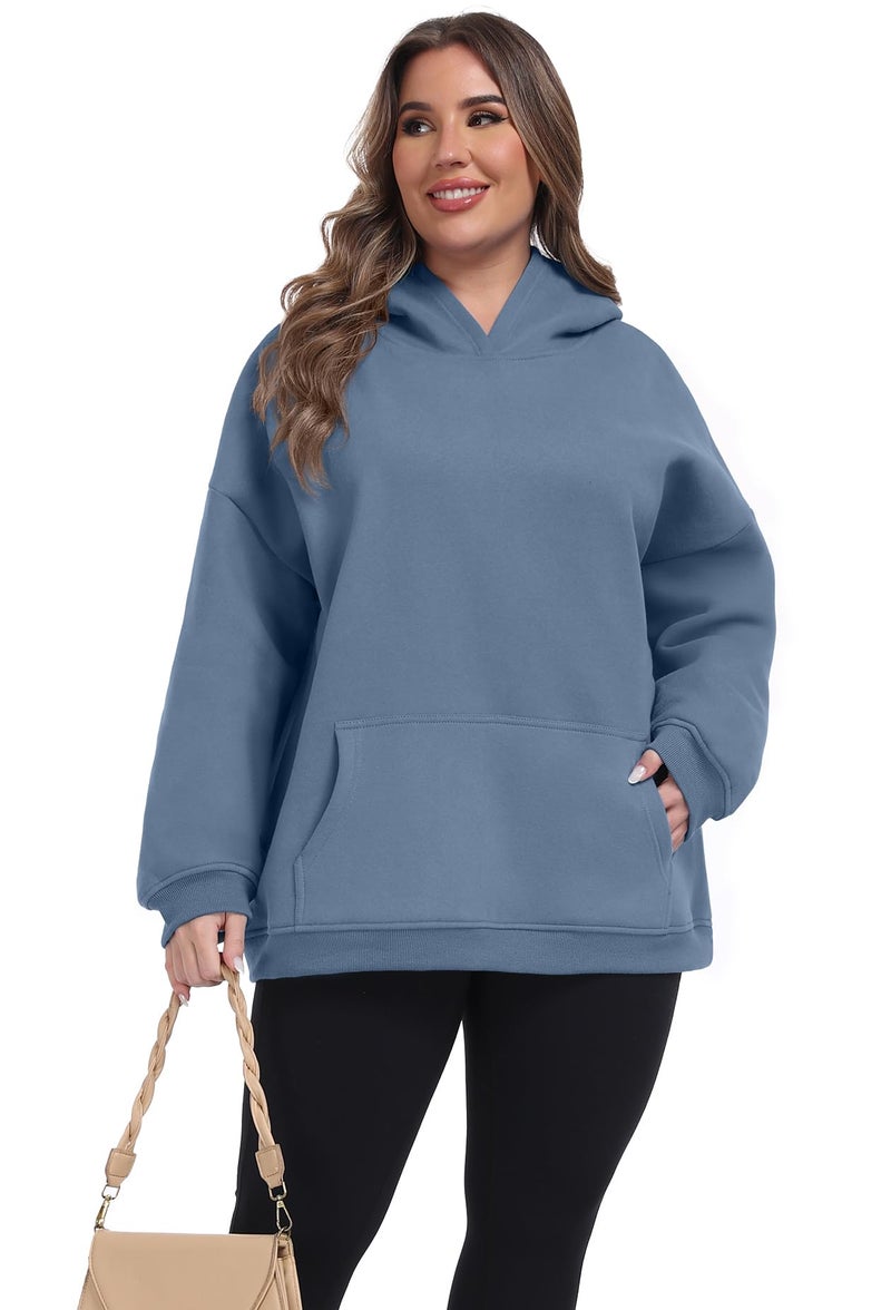 OLRIK Plus Size Winter Clothes Loose Fit Hoodies Oversized Sweatshirt Jacket Dust Blue-3X - Image 2