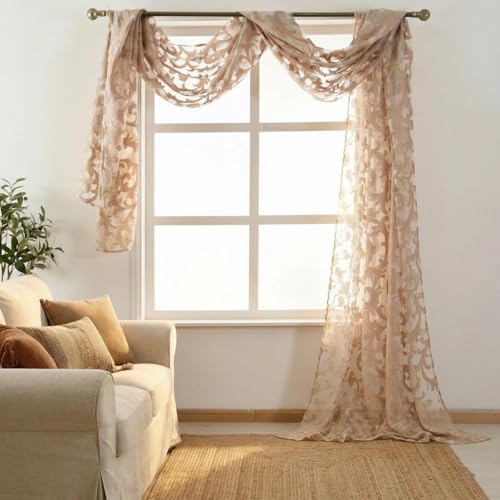 NAPEARL Jacquard Window Scarf Valance, European Style Decorative Sheer Curtain Scarf for Wedding Arch, Canopy Bed, Headboard, Gazebo, 1 Panel (Wide 54 in x Long 216 in, Beige) - Image 1