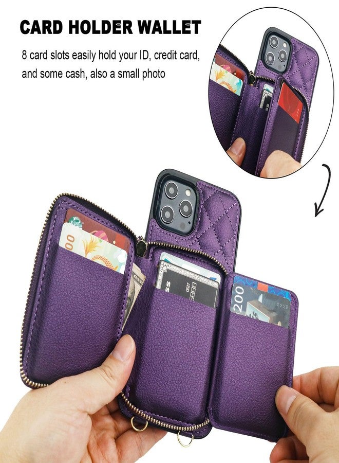 Bocasal Crossbody Wallet Case for iPhone 12 Pro Max, RFID Blocking PU Leather Zipper Handbag Purse Flip Cover, Kickstand Folio Case with Card Slots Holder Wrist Strap Lanyard 5G 6.7 Inch (Dark Purple) - Image 4
