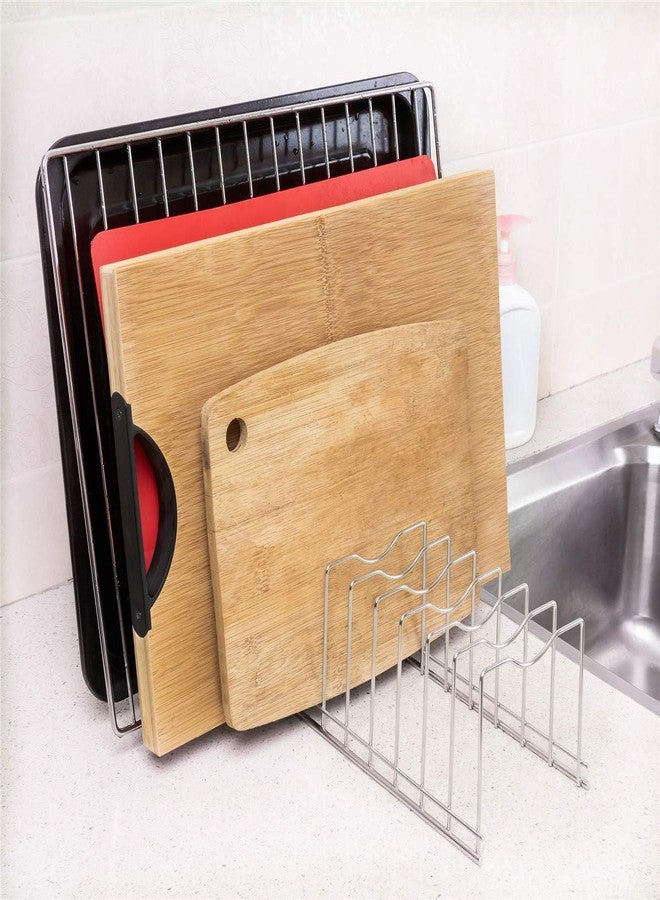 SANNO Pot Lid Holder Organizer, Rack Holder Rest Storage, for Pot Lids, Plates, Cutting Boards, Bakeware, Cooling Rack, Serving Trays, Total 8 Compartments, Stainless Steel - Image 5