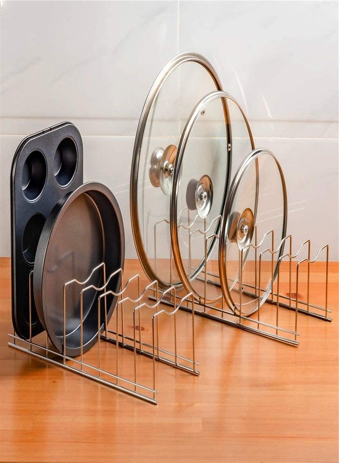 SANNO Pot Lid Holder Organizer, Rack Holder Rest Storage, for Pot Lids, Plates, Cutting Boards, Bakeware, Cooling Rack, Serving Trays, Total 8 Compartments, Stainless Steel - Image 2
