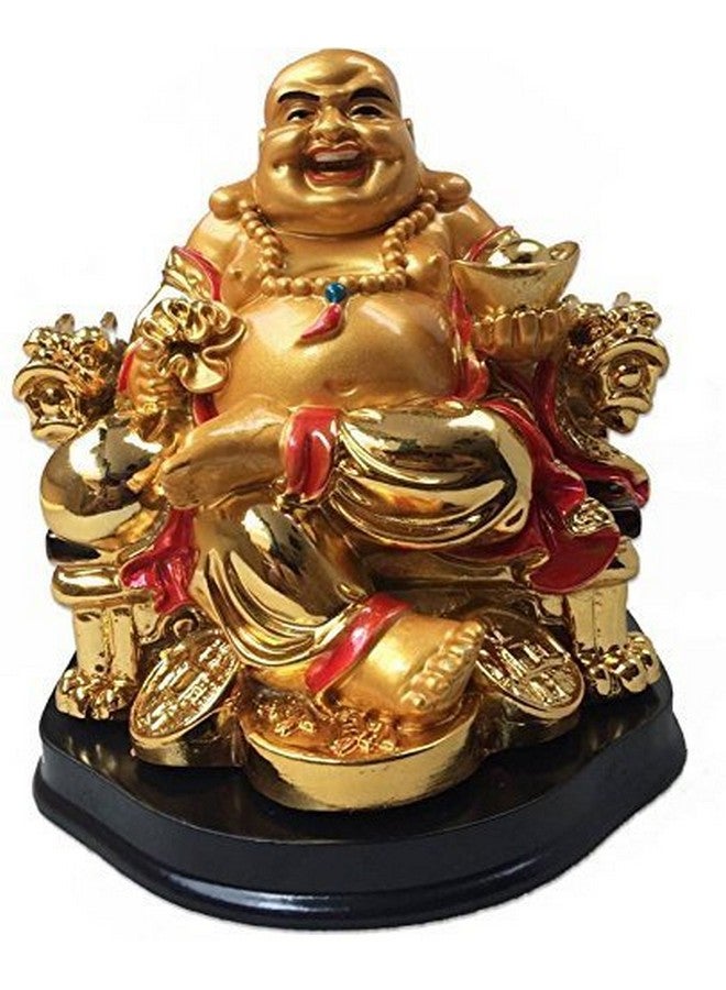 GJ Feng Shui Laughing Buddha On Chair with Ingot and Money Coin for Health, Wealth and Happiness (13 cm, Gold) - Image 5