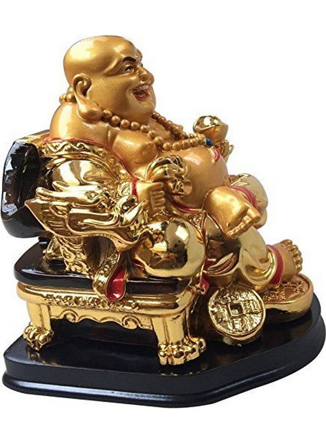 GJ Feng Shui Laughing Buddha On Chair with Ingot and Money Coin for Health, Wealth and Happiness (13 cm, Gold) - Image 3
