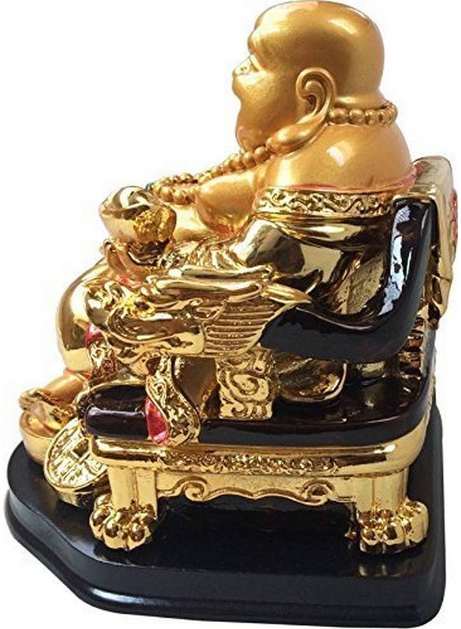 GJ Feng Shui Laughing Buddha On Chair with Ingot and Money Coin for Health, Wealth and Happiness (13 cm, Gold) - Image 2