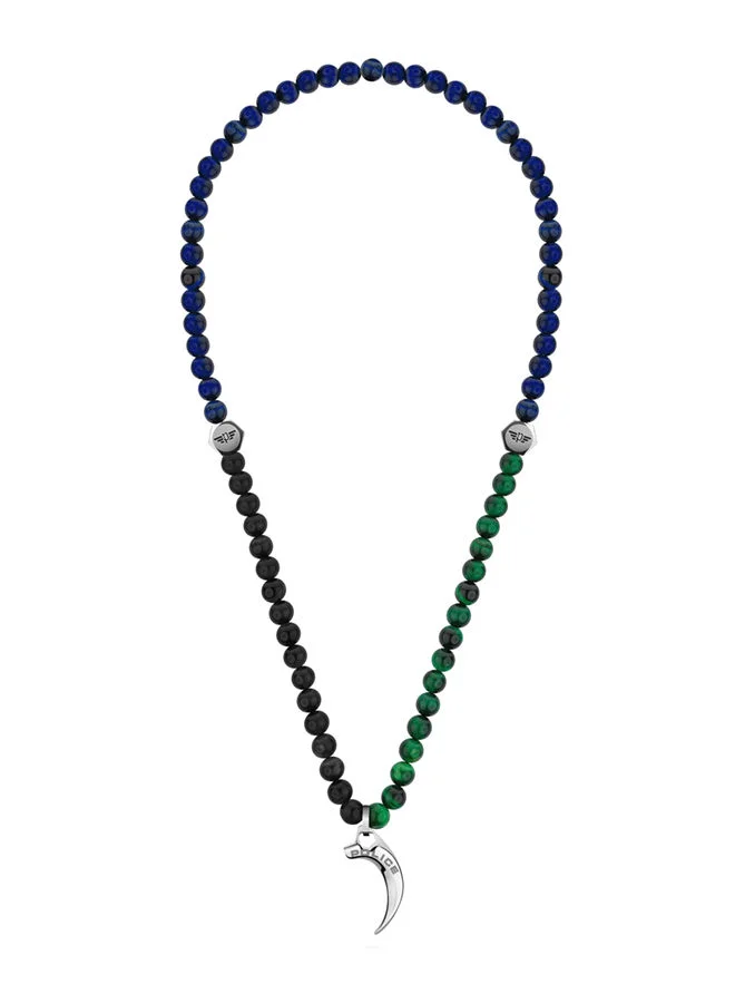 POLICE Black Green Beads Silver Stainless Steel Pendant Necklace for Men