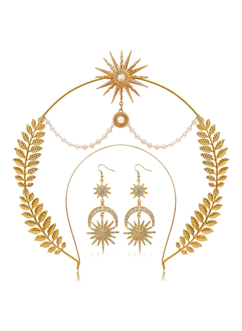 KASTWAVE Halo Crown Moon Stars Crown Halo Headband Crown Celestial Headband Tiaras Crowns for Women Wedding Bridal Prom Tiara with Star Earrings D  - Image 1
