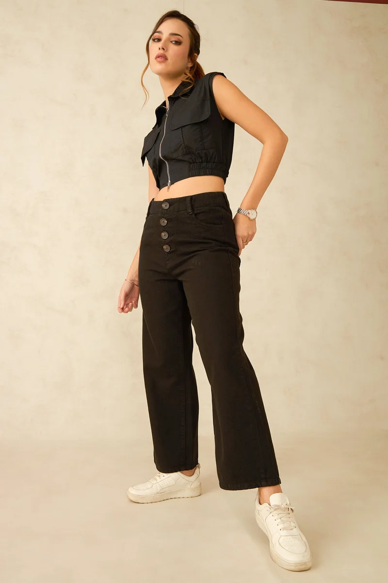 Virgio Solid Cotton Denim High Waist Black Ankle Jean for Women