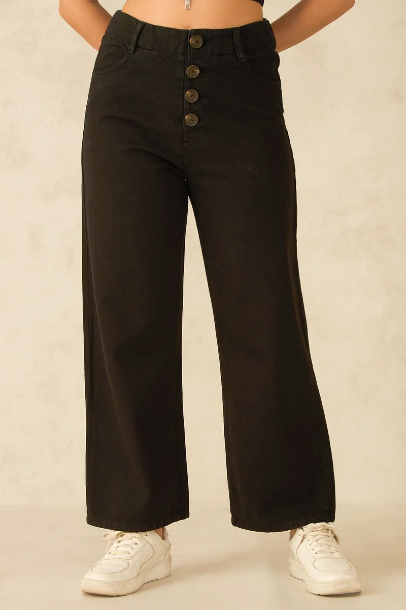 Virgio Solid Cotton Denim High Waist Black Ankle Jean for Women