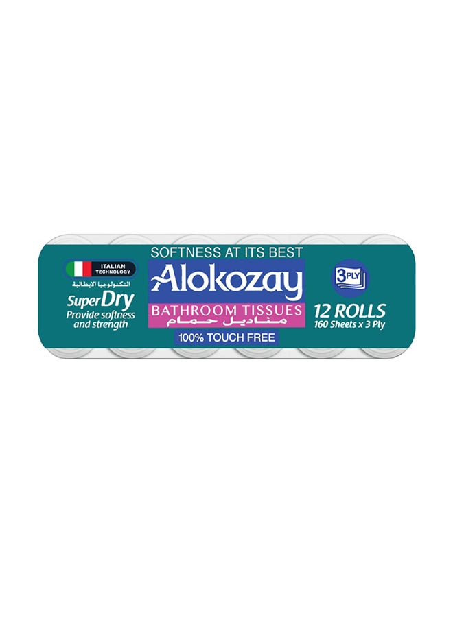 Alokozay 3 Ply Bathroom Tissues Super Soft 160 Sheets 12 Toilet Rolls 