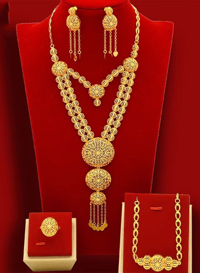 24K Gold-Plated Arabian Bride Necklace Earrings Ring Bracelet 4-Piece Wedding Jewelry Set Custom Jewelry - Image 1