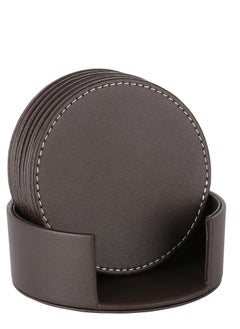 Y&D Set Of 6 Round Leather Drink Coasters Set Table Mats With Holder 10CM Black Coasters For Drinks Heat-Resistance Mats Coffee Coaster Protect Furniture For Holding Coffee Cups Sports Bottles  - Image 1