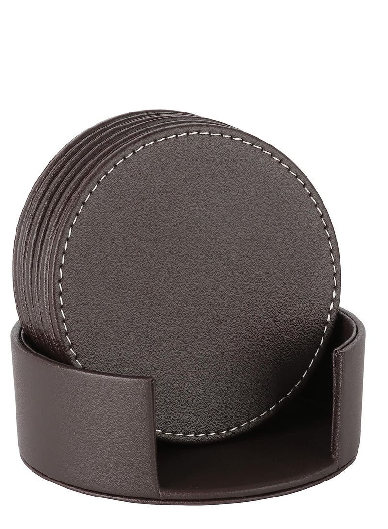 Y&D Set Of 6 Round Leather Drink Coasters Set Table Mats With Holder 10CM Black Coasters For Drinks Heat-Resistance Mats Coffee Coaster Protect Furniture For Holding Coffee Cups Sports Bottles  - Image 1