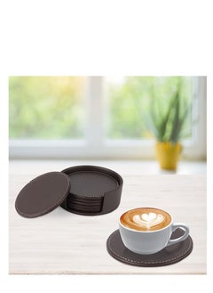 Y&D Set Of 6 Round Leather Drink Coasters Set Table Mats With Holder 10CM Black Coasters For Drinks Heat-Resistance Mats Coffee Coaster Protect Furniture For Holding Coffee Cups Sports Bottles  - Image 2
