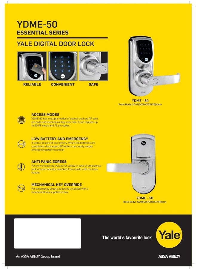 Yale YDME50 Digital Lock with Key, PIN, Card Access