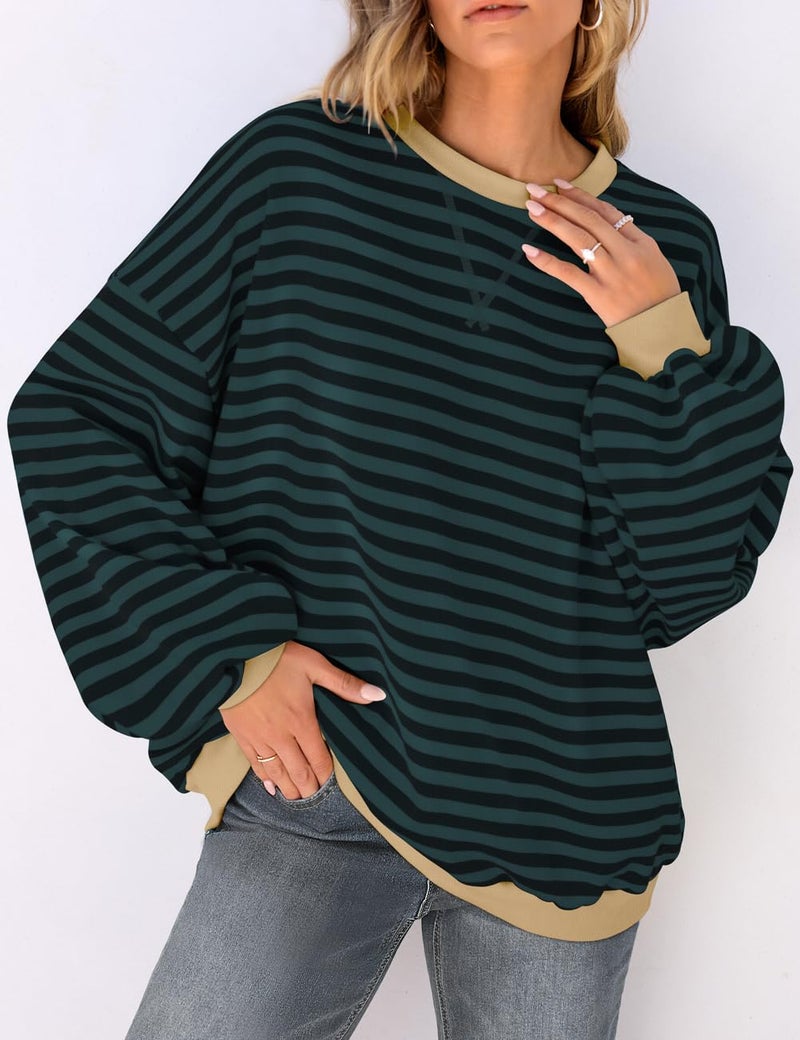 UEU Women Oversized Striped Sweatshirt Color Block Crew Neck Pullover Top Casual Fall Long Sleeve Shirt GreenBlack Striped Medium - Image 3