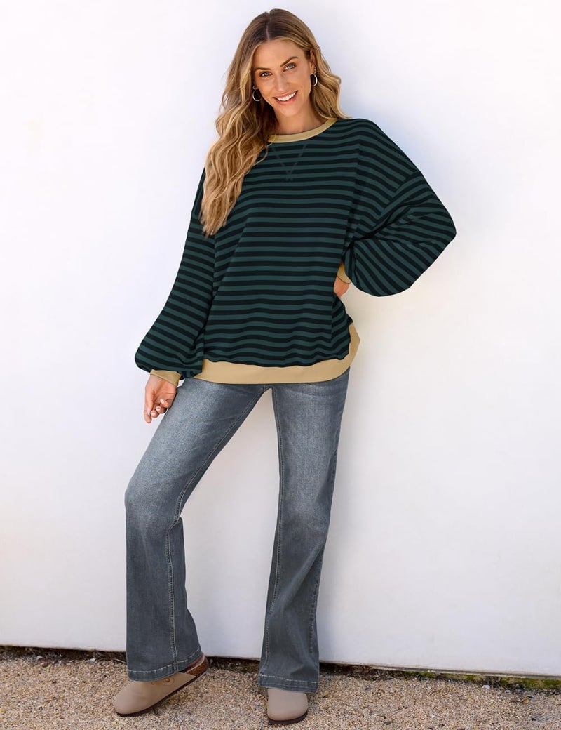 UEU Women Oversized Striped Sweatshirt Color Block Crew Neck Pullover Top Casual Fall Long Sleeve Shirt GreenBlack Striped Medium - Image 4