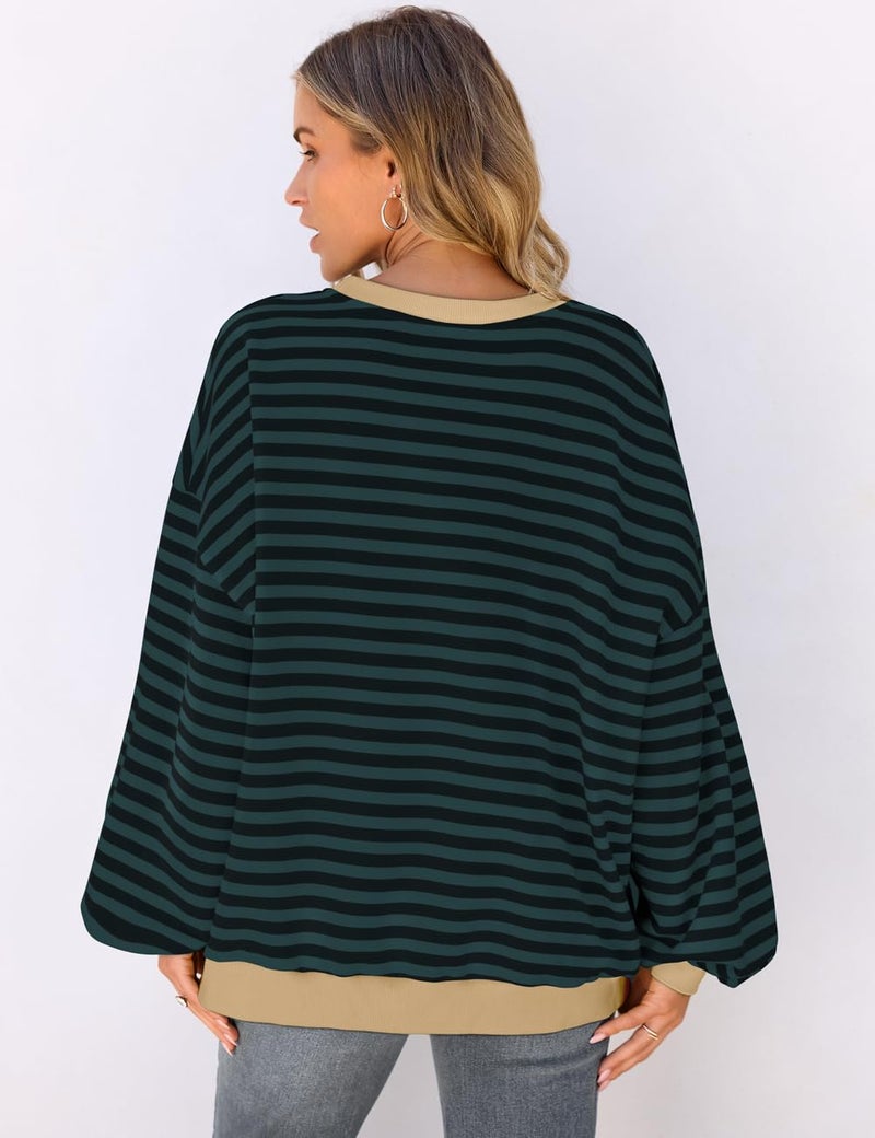 UEU Women Oversized Striped Sweatshirt Color Block Crew Neck Pullover Top Casual Fall Long Sleeve Shirt GreenBlack Striped Medium - Image 5