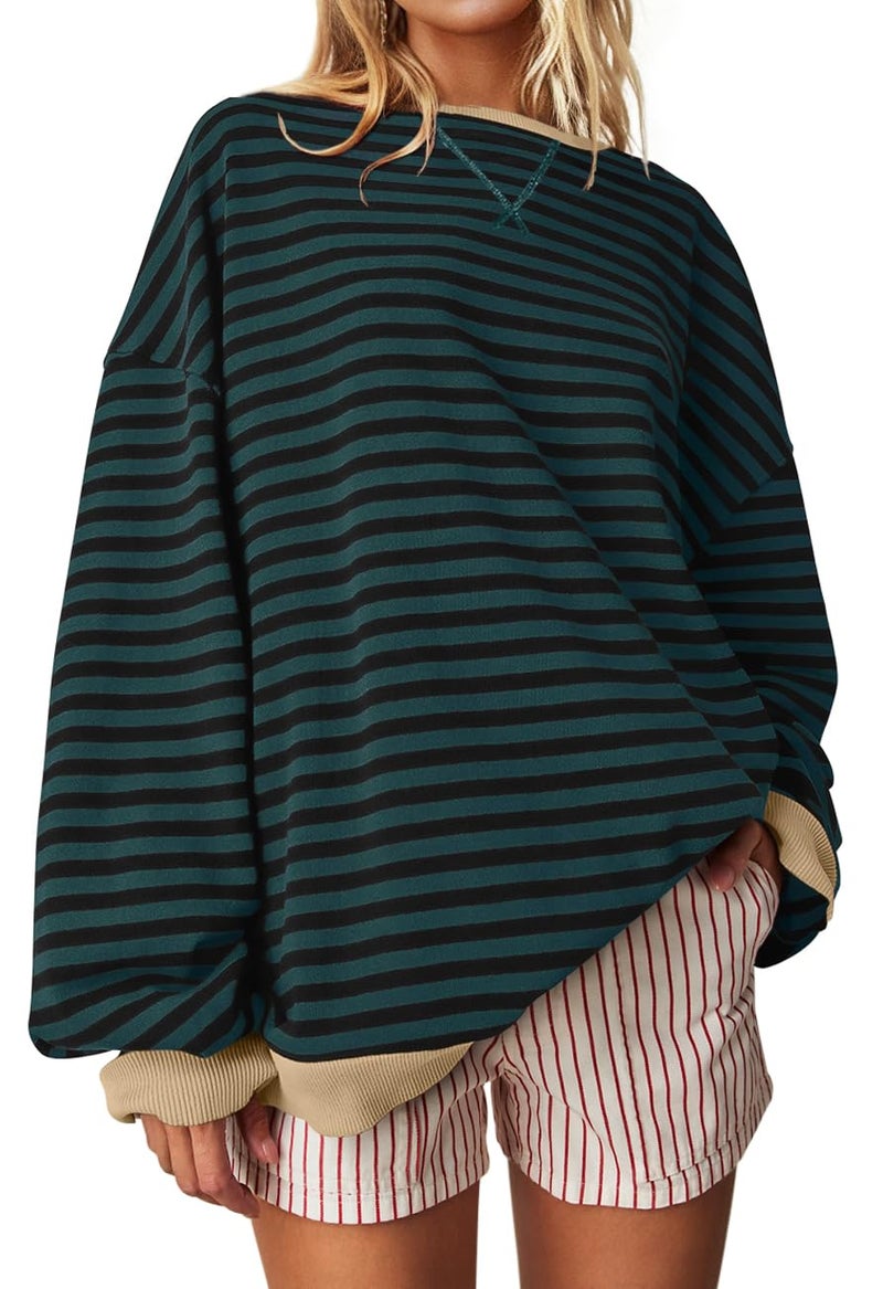 UEU Women Oversized Striped Sweatshirt Color Block Crew Neck Pullover Top Casual Fall Long Sleeve Shirt GreenBlack Striped Medium - Image 1