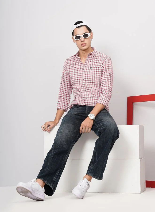 شركة المرآب الهندية Men Slim Fit Checkered Full Sleeves Cutaway Collar Casual Shirt