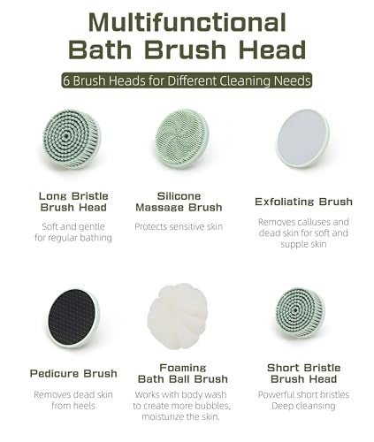 Yoidesu Electric Body Brush Back Scrubber for Shower, IPX6 Water Proof Bath Brush with Long Handle, 6 Heads 3 Speeds Rechargeable Electric Spin Scrubber for Cleanse, Massage, Exfoliate - Image 3