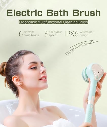 Yoidesu Electric Body Brush Back Scrubber for Shower, IPX6 Water Proof Bath Brush with Long Handle, 6 Heads 3 Speeds Rechargeable Electric Spin Scrubber for Cleanse, Massage, Exfoliate - Image 2