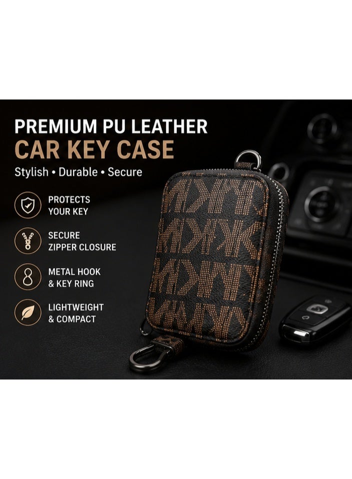 Premium PU Leather Car Key Case with Zipper – Smart Car Key Holder with Metal Hook & Built-in Key Chain – Checkered Protective Key Fob Organizer Cover - Image 1