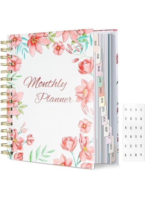 Monthly Planner Notebook With Tabs, Undated A5 Hardcover Academic Spiral Notebook, Weekly & Daily Yearly, Hourly Schedules Agenda Organizer Habbit Tracker, 8.75" X 7.25", Flower Cover