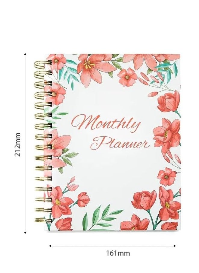 Monthly Planner Notebook With Tabs, Undated A5 Hardcover Academic Spiral Notebook, Weekly & Daily Yearly, Hourly Schedules Agenda Organizer Habbit Tracker, 8.75" X 7.25", Flower Cover