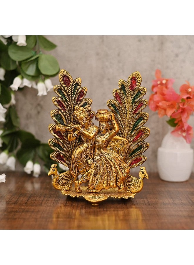 CHHARIYA CRAFTS تمثال رادا كريشنا المعدني من تشهاريا كرافت مع تصميم دييا وطاووس (معدن، ذهب) - Image 1