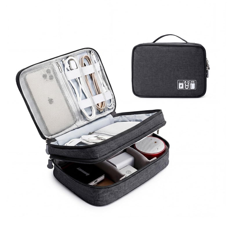 Lanola Travel Cable Organizer Bag, Electronic Accessories Case Portable Double Layer Cable Storage Bag for Cord,phone,Charger, Flash Drive, Phone, SD Card,Personal Items - (Black) - Image 1