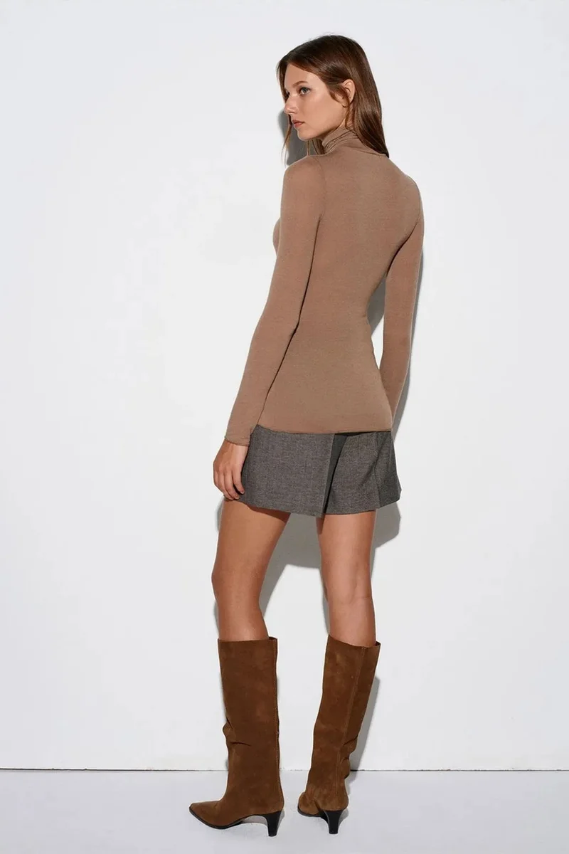 Dilvin Mocha Brown DILVIN Slim Fit Turtleneck Jersey Blouse for Women | Best Price UAE