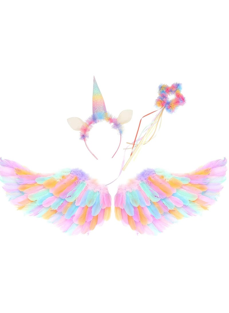 SYOSI أجنحة، 80 * 40 سم أجنحة ملونة للأطفال ورأس يونيكورن لملابس النساء والفتيات تنكر عيد الميلاد حفلة ذات طابع - Image 1