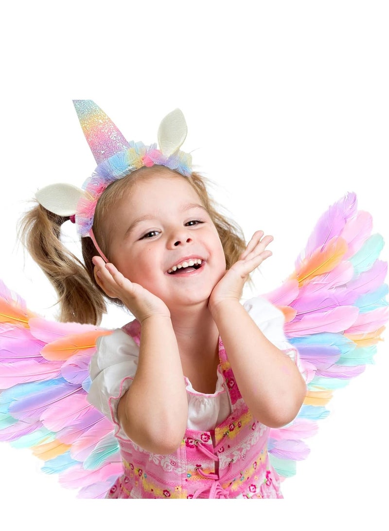 SYOSI أجنحة، 80 * 40 سم أجنحة ملونة للأطفال ورأس يونيكورن لملابس النساء والفتيات تنكر عيد الميلاد حفلة ذات طابع - Image 3