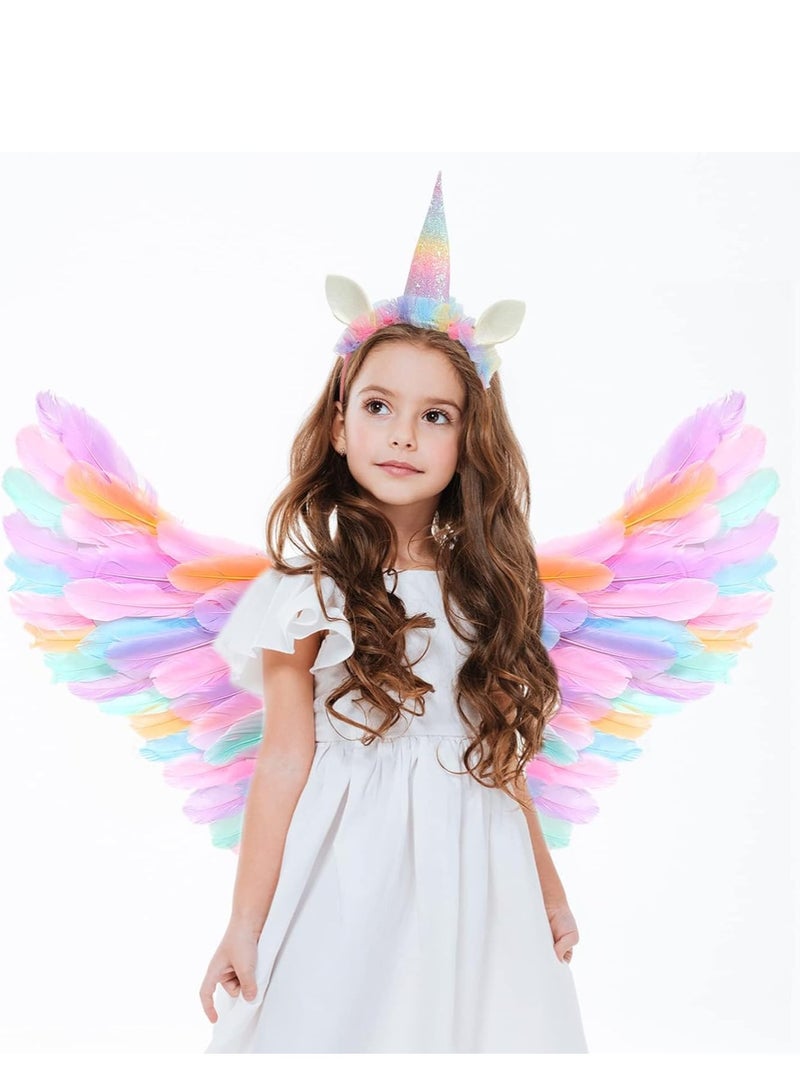 SYOSI أجنحة، 80 * 40 سم أجنحة ملونة للأطفال ورأس يونيكورن لملابس النساء والفتيات تنكر عيد الميلاد حفلة ذات طابع - Image 2