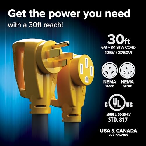Camco Power Grip 30-Ft 50-Amp Camper/RV Extension Cord - Features Copper 6/3 + 8/1-Gauge Wires for Superior Conductivity - Rated for 125/250 V/12,500 W - Coated w/Heat-Resilient PVC (55195) - Image 4