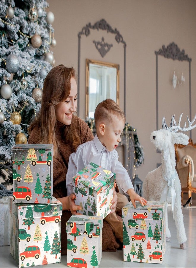 PAPER FAIR 5PCS Christmas Nesting Gift Boxes Set, Silver Foil Mirrored Xmas Tree Car Square Cardboard Nested Box w/Lid, for Gift Wrapping New Year, Assorted Size - Image 5