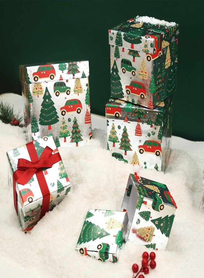 PAPER FAIR 5PCS Christmas Nesting Gift Boxes Set, Silver Foil Mirrored Xmas Tree Car Square Cardboard Nested Box w/Lid, for Gift Wrapping New Year, Assorted Size - Image 2