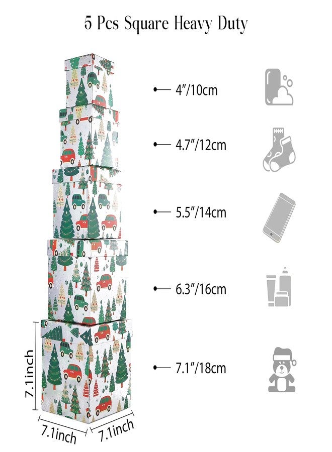 PAPER FAIR 5PCS Christmas Nesting Gift Boxes Set, Silver Foil Mirrored Xmas Tree Car Square Cardboard Nested Box w/Lid, for Gift Wrapping New Year, Assorted Size - Image 3