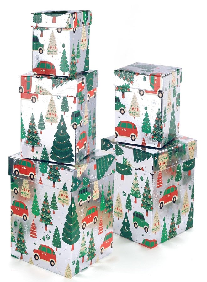 PAPER FAIR 5PCS Christmas Nesting Gift Boxes Set, Silver Foil Mirrored Xmas Tree Car Square Cardboard Nested Box w/Lid, for Gift Wrapping New Year, Assorted Size - Image 1