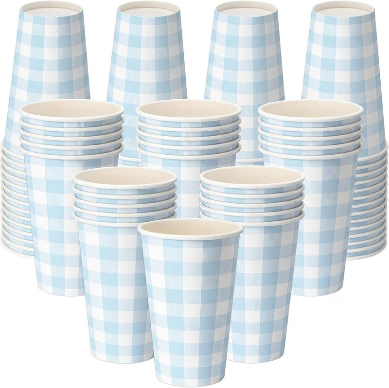 Tioncy 50 Pcs Blue Gingham 12 oz Disposable Paper Coffee Cups Drinking Cups for Coffee, Water, Juice, Expresso, Hot and Cold Drinks, Cocoa, Cold Beverages, Tea Party Supplies Decoration - Image 1