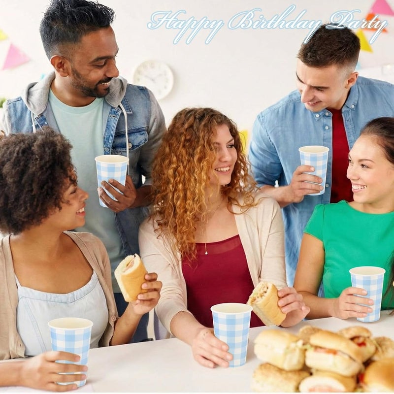 Tioncy 50 Pcs Blue Gingham 12 oz Disposable Paper Coffee Cups Drinking Cups for Coffee, Water, Juice, Expresso, Hot and Cold Drinks, Cocoa, Cold Beverages, Tea Party Supplies Decoration - Image 3