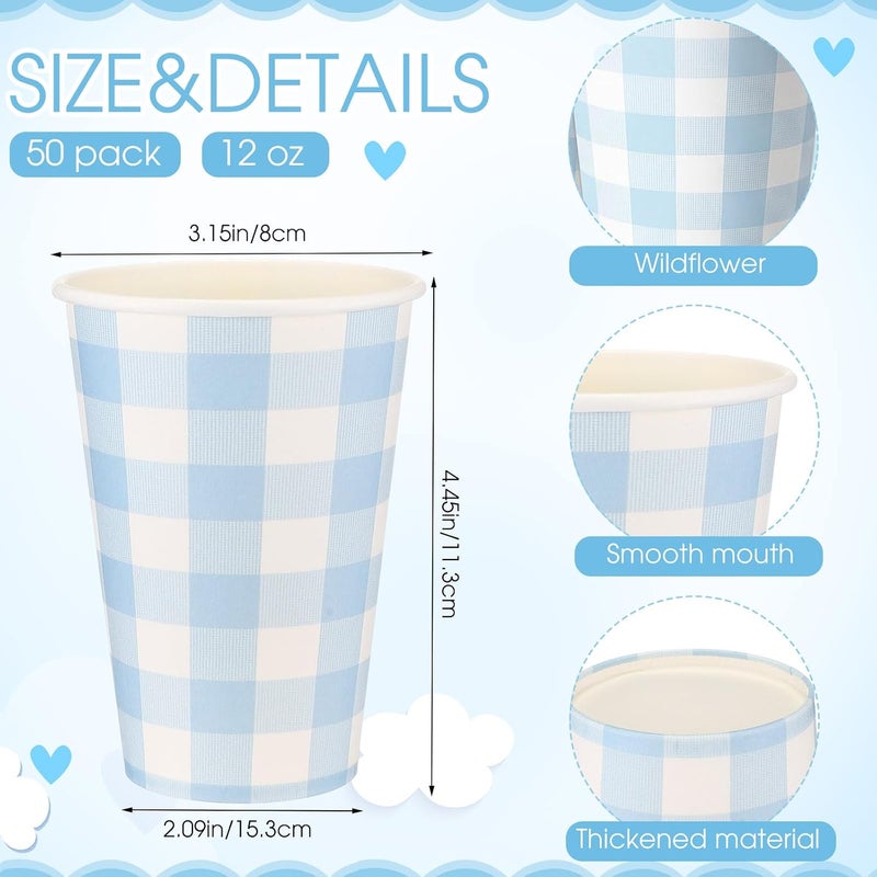 Tioncy 50 Pcs Blue Gingham 12 oz Disposable Paper Coffee Cups Drinking Cups for Coffee, Water, Juice, Expresso, Hot and Cold Drinks, Cocoa, Cold Beverages, Tea Party Supplies Decoration - Image 2