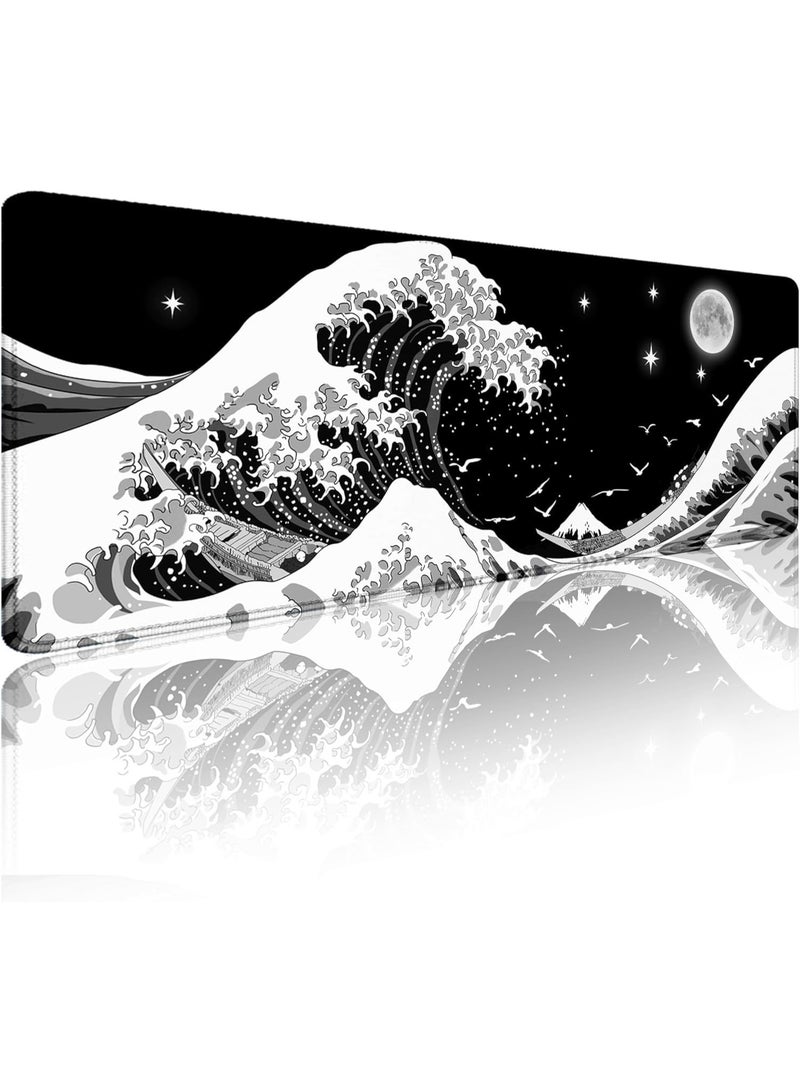 Gaming Mouse Pad, Japanese Sea Wave Large XXL Mouse Pad, Big Desk Pad, Keyboard Computer Mousepad, Mouse Mat, with Non-Slip Base Stitched Edge, for Home Office Gaming Work 31.5 x 11.8 Inch - Image 1