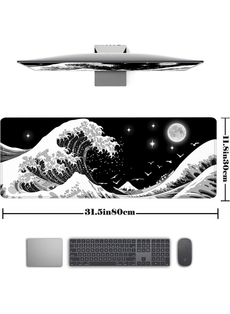 Gaming Mouse Pad, Japanese Sea Wave Large XXL Mouse Pad, Big Desk Pad, Keyboard Computer Mousepad, Mouse Mat, with Non-Slip Base Stitched Edge, for Home Office Gaming Work 31.5 x 11.8 Inch - Image 2