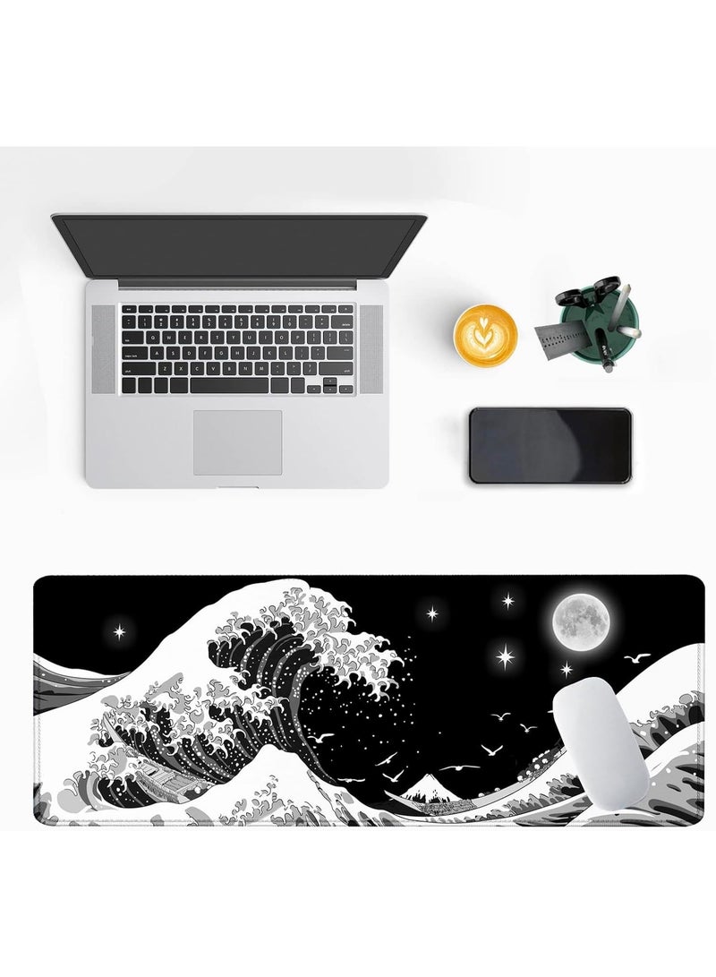 Gaming Mouse Pad, Japanese Sea Wave Large XXL Mouse Pad, Big Desk Pad, Keyboard Computer Mousepad, Mouse Mat, with Non-Slip Base Stitched Edge, for Home Office Gaming Work 31.5 x 11.8 Inch - Image 3