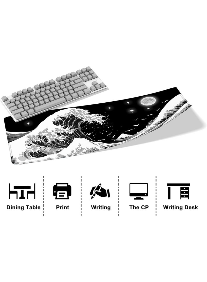 Gaming Mouse Pad, Japanese Sea Wave Large XXL Mouse Pad, Big Desk Pad, Keyboard Computer Mousepad, Mouse Mat, with Non-Slip Base Stitched Edge, for Home Office Gaming Work 31.5 x 11.8 Inch - Image 4
